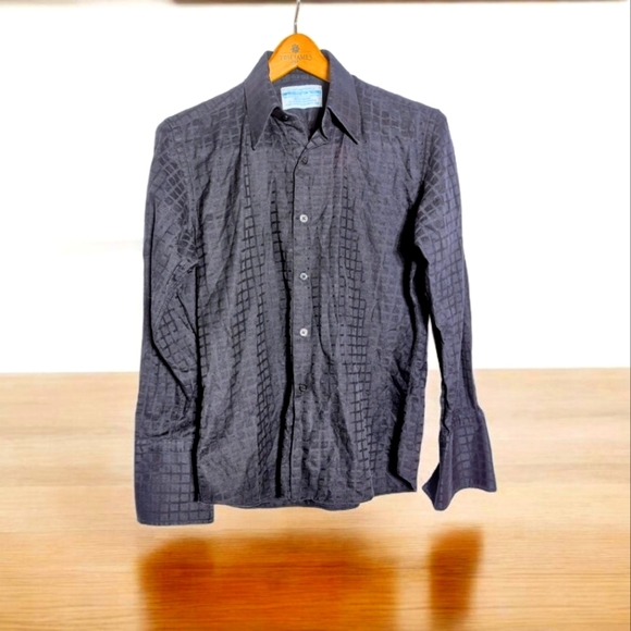 Custom Black Windowpane Dress Shirt Sz S Empress Tailor Hong Kong French Cuffs - Picture 1 of 6